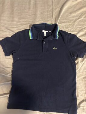 Lacoste Navy Polo with Green & Blue Collar Stripes